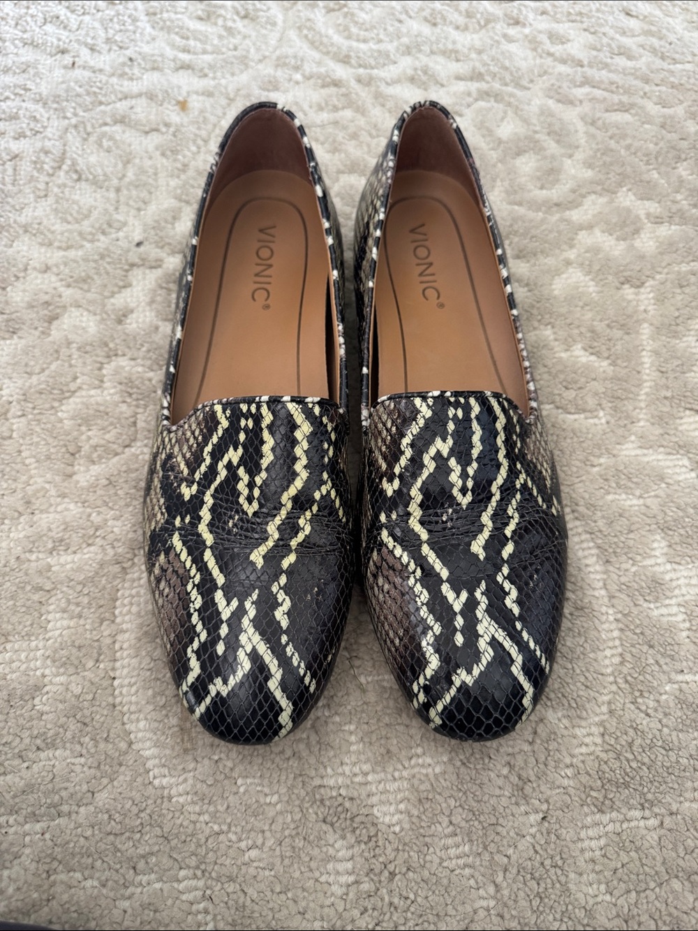 Vionic Snake-Print Slip-On Loafers in Black and Cream
